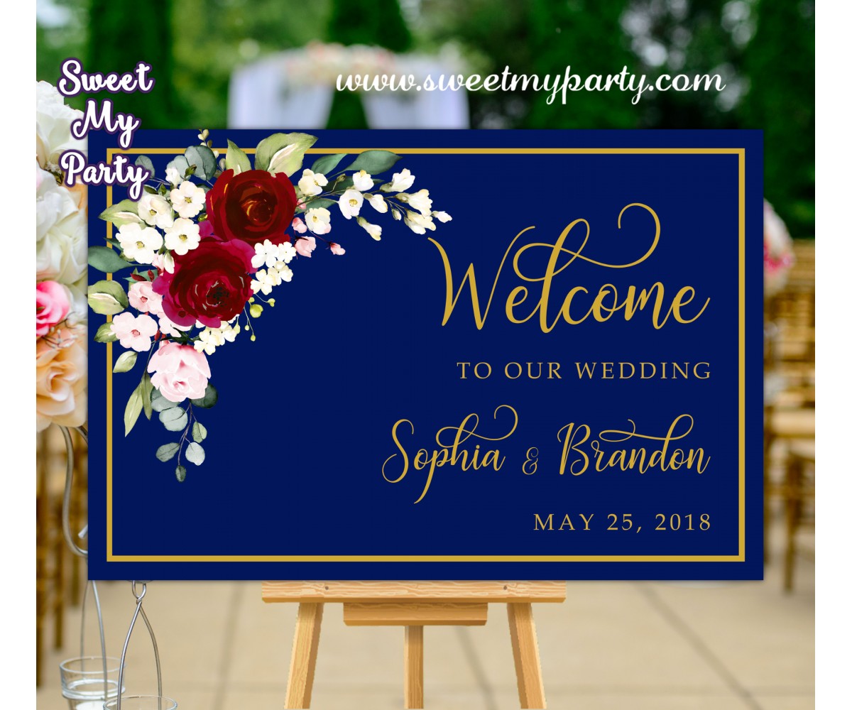 Navy Burgundy Wedding Welcome Sign,Welcome sign with Burgundy Flowers,(125aw)